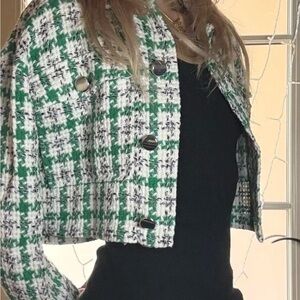 Zara Green/White Plaid Tweed Cropped Button Up Jacket Italian Fabric Size Large